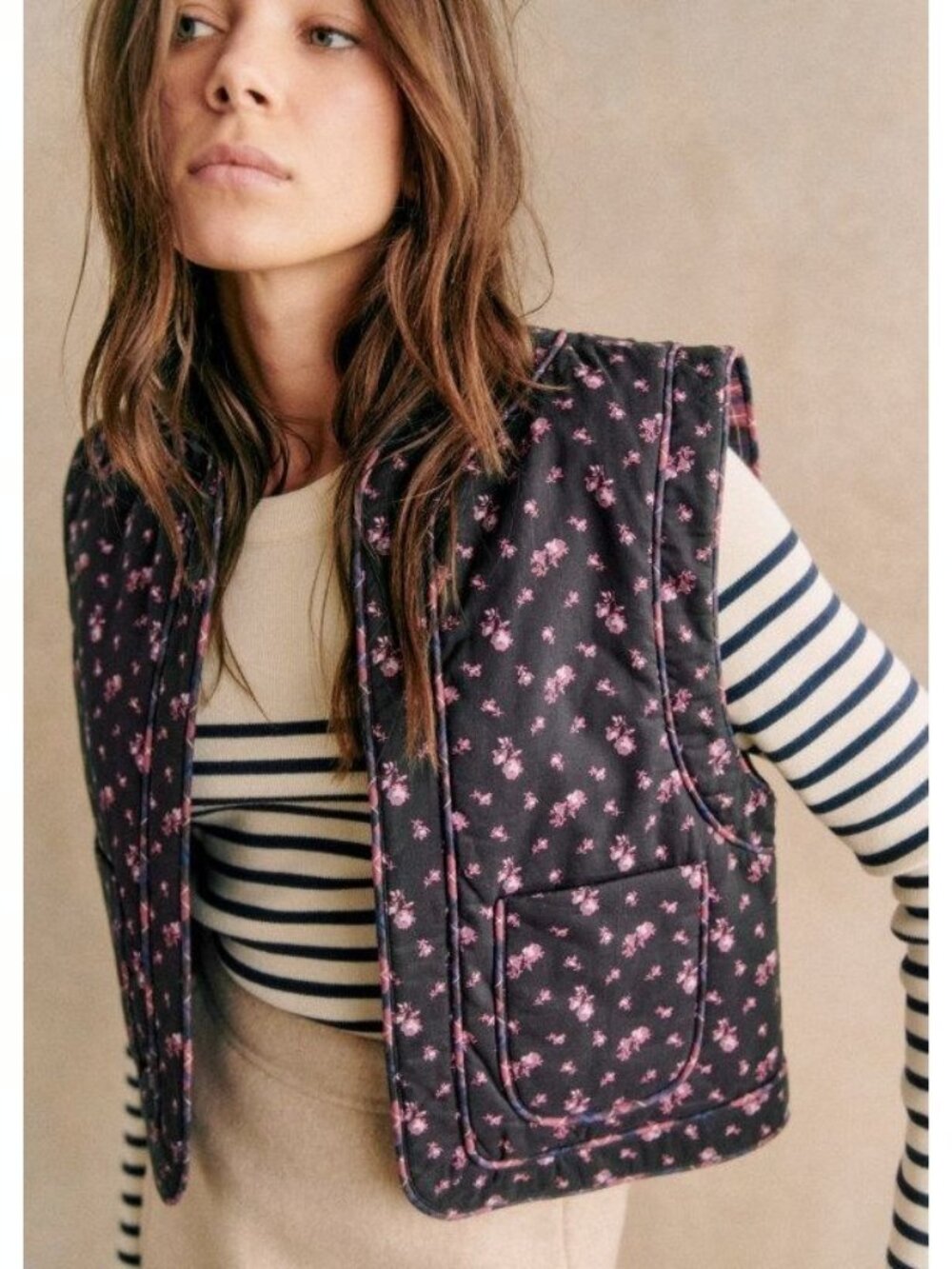 NWT Sezane Tadeo Jacket in Mix Floral Patchwork Quilted Open Vest 36 / 4